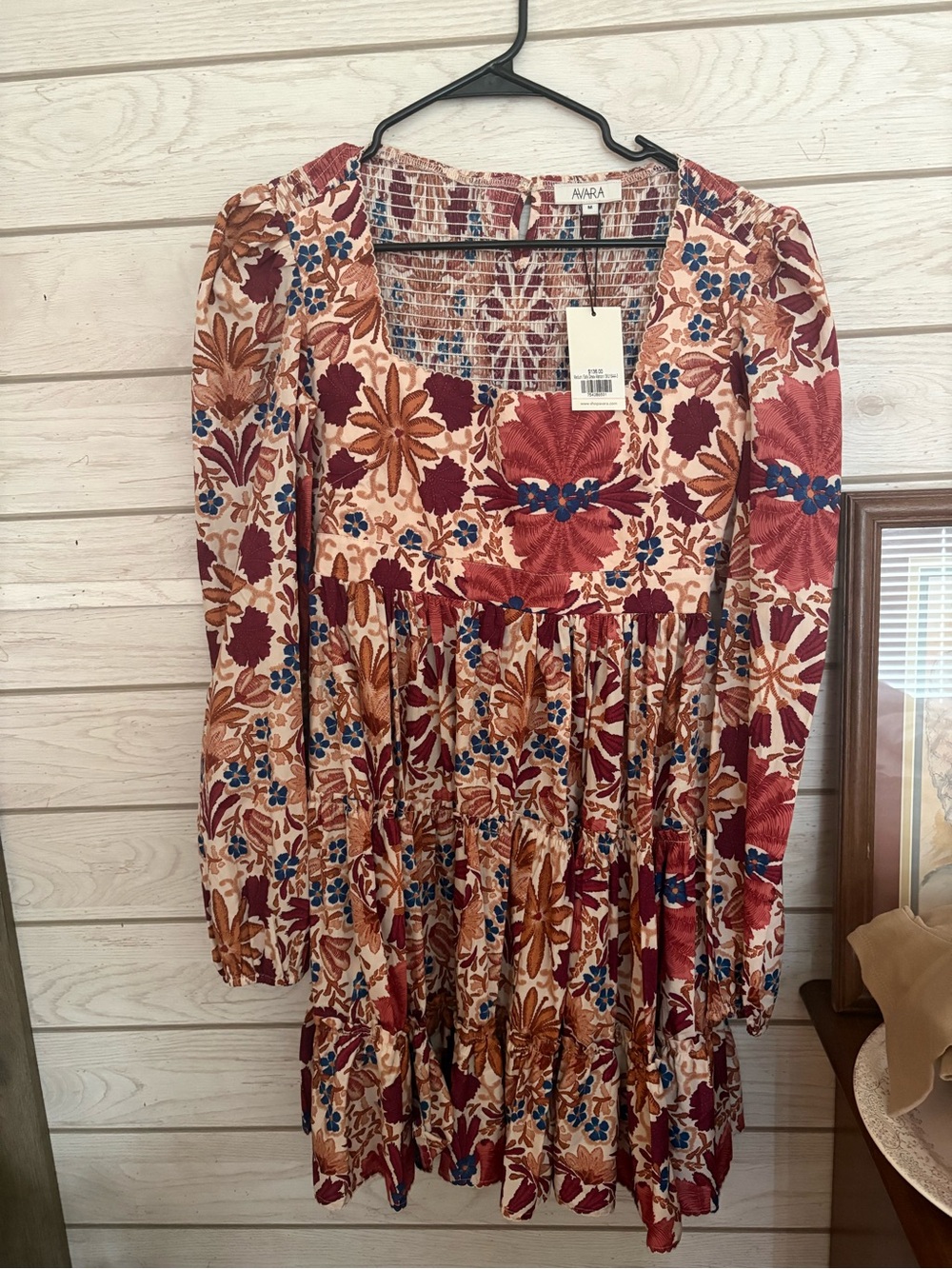 AVARA Floral Tiered Long Sleeve Dress in Rust Multi